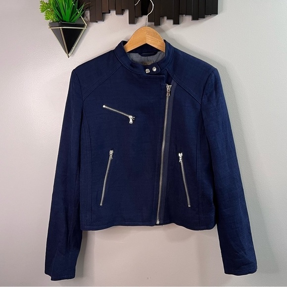 WOMEN’S Gap Navy Moto Jacket Textured Tweed Size Medium - Picture 3 of 12